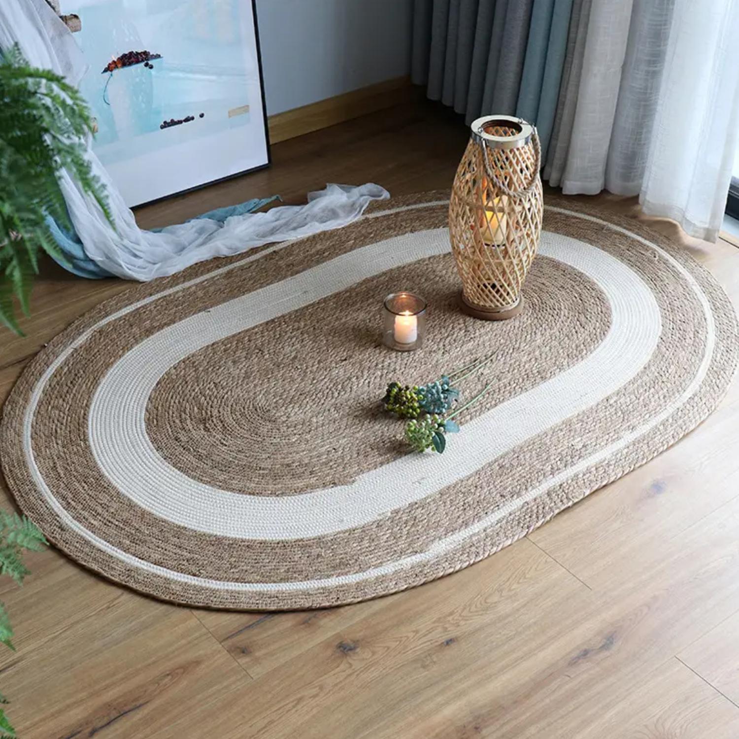 ALFOMBRA FRANJA BLANCA M NATURAL YUTE RUSTICA OVALADA - 4