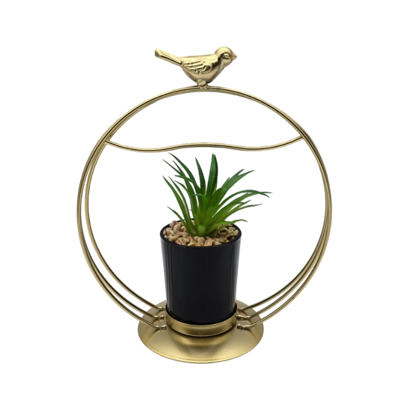 FIGURA DECORATIVA CANDELABRO PAJARITO DORADO CON MINI PLANTA - 1