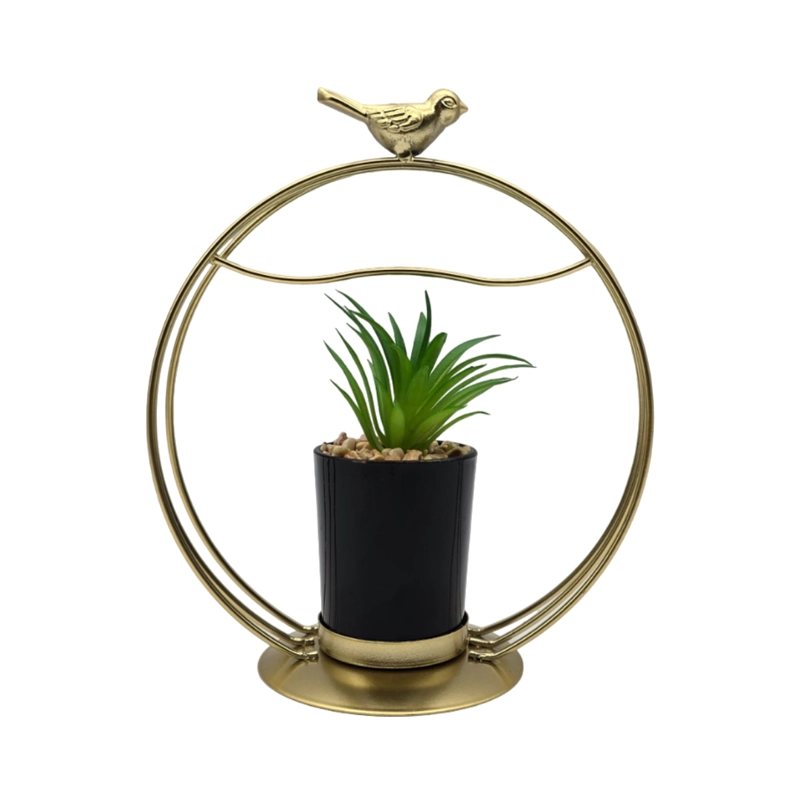 FIGURA DECORATIVA CANDELABRO PAJARITO DORADO CON MINI PLANTA - 2