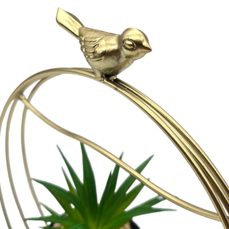 FIGURA DECORATIVA CANDELABRO PAJARITO DORADO CON MINI PLANTA - 3