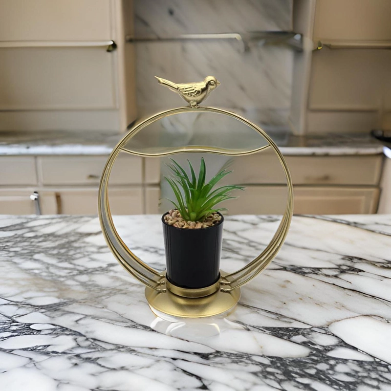 FIGURA DECORATIVA CANDELABRO PAJARITO DORADO CON MINI PLANTA - 5