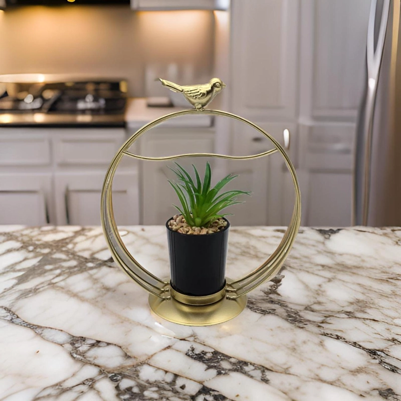 FIGURA DECORATIVA CANDELABRO PAJARITO DORADO CON MINI PLANTA - 6