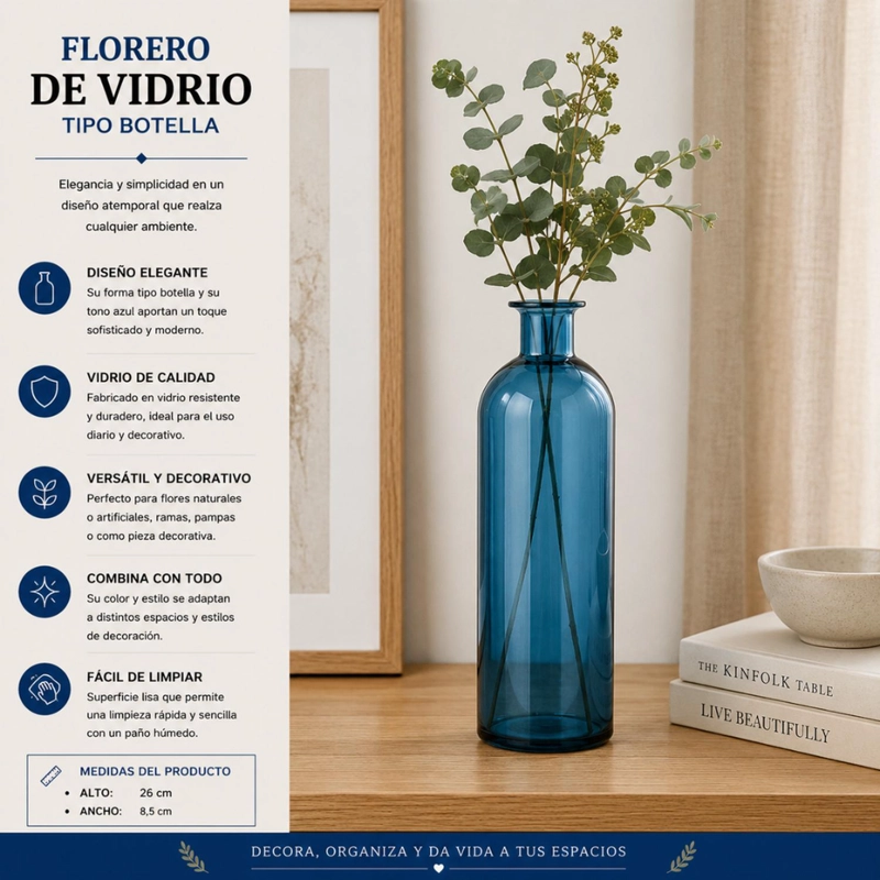 FLORERO BOTELLA DE VIDRIO DECORATIVO TONOS AZULES L - 4