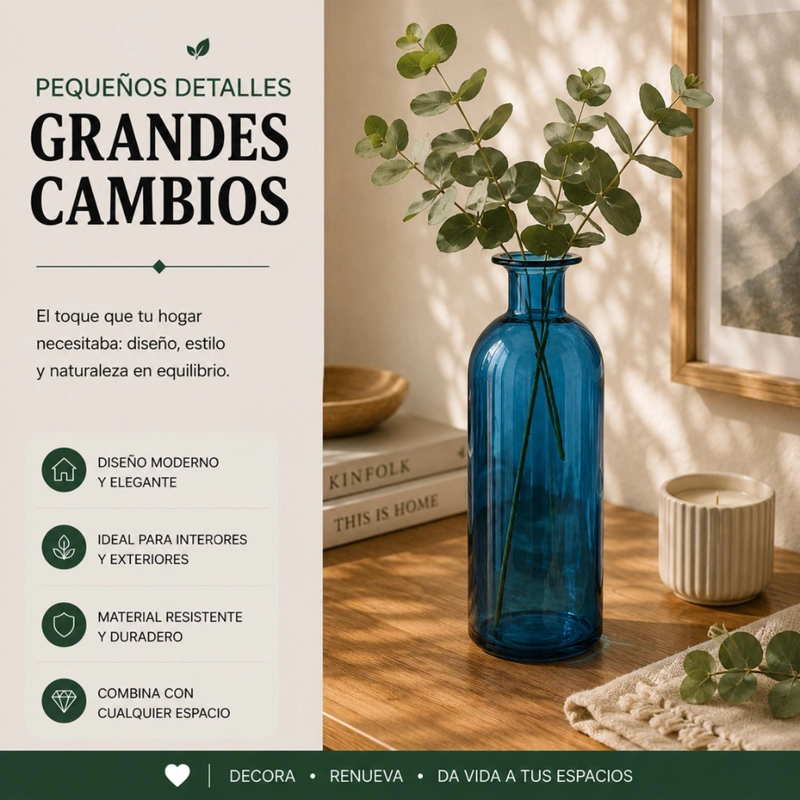FLORERO BOTELLA DE VIDRIO DECORATIVO TONOS AZULES L - 5