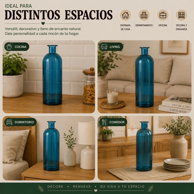 FLORERO BOTELLA DE VIDRIO DECORATIVO TONOS AZULES L - 6