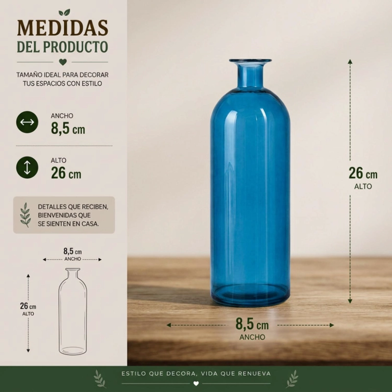 FLORERO BOTELLA DE VIDRIO DECORATIVO TONOS AZULES L - 7