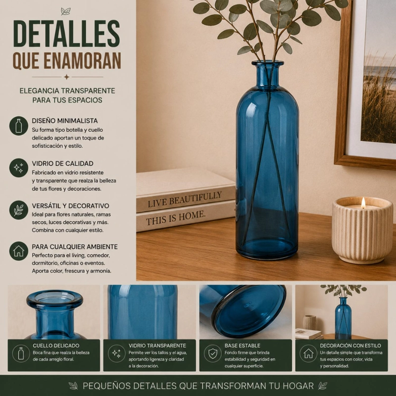 FLORERO BOTELLA DE VIDRIO DECORATIVO TONOS AZULES L - 8