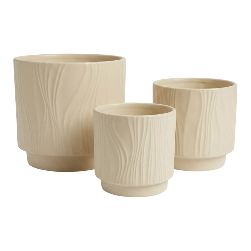 SET 3 MACETEROS MACETA DE CERAMICA AMARILLO CON LINEAS - 1
