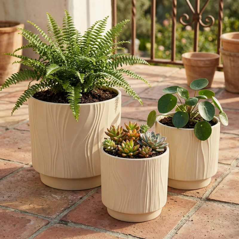 SET 3 MACETEROS MACETA DE CERAMICA AMARILLO CON LINEAS - 3