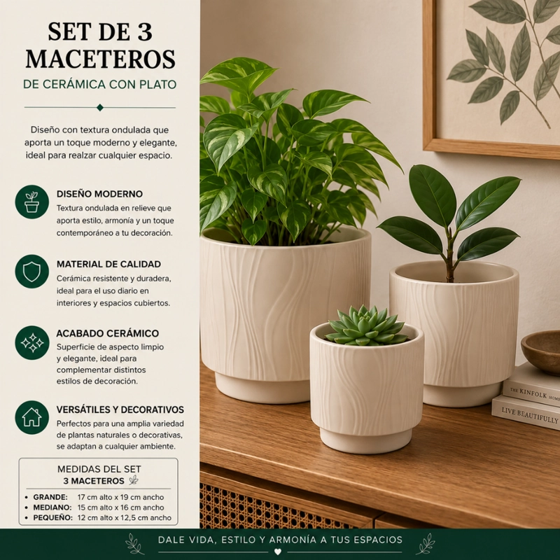 SET 3 MACETEROS MACETA DE CERAMICA AMARILLO CON LINEAS - 4