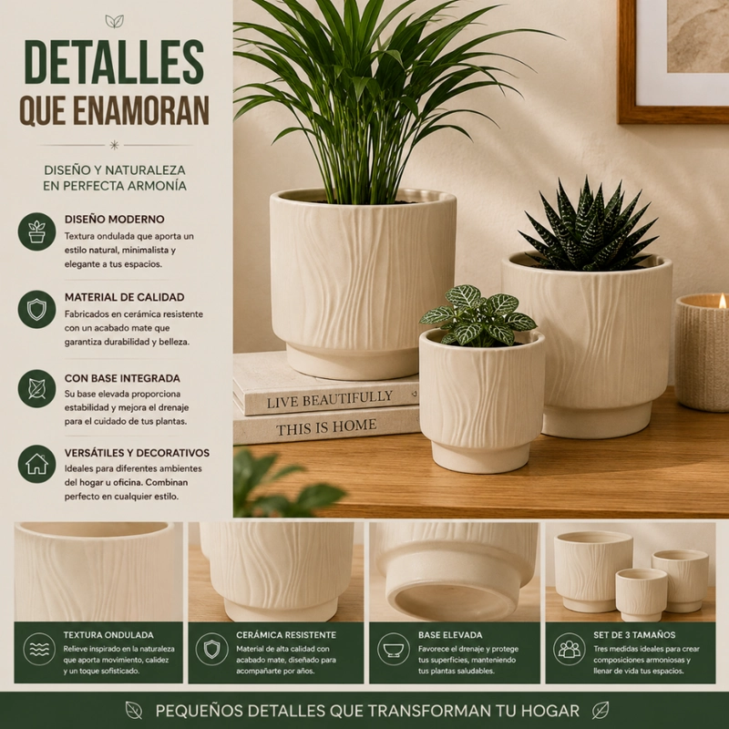 SET 3 MACETEROS MACETA DE CERAMICA AMARILLO CON LINEAS - 8