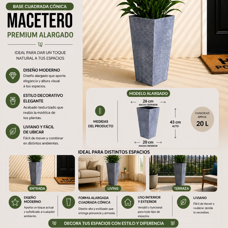 MACETERO PLASTICO ALARGADO PREMIUM BASE CUADRADA CONICA - 5