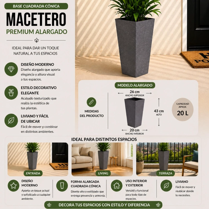 MACETERO PLASTICO ALARGADO PREMIUM BASE CUADRADA CONICA - 5