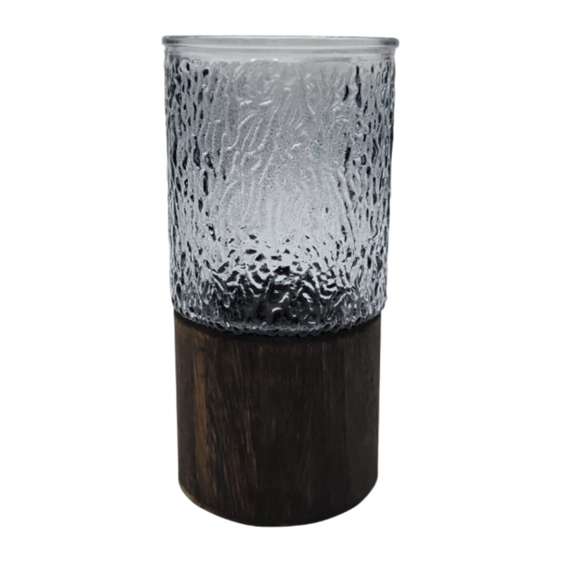 FLORERO DECORATIVO DE VIDRIO OSCURO DISEÑO BASE DE MADERA - 1