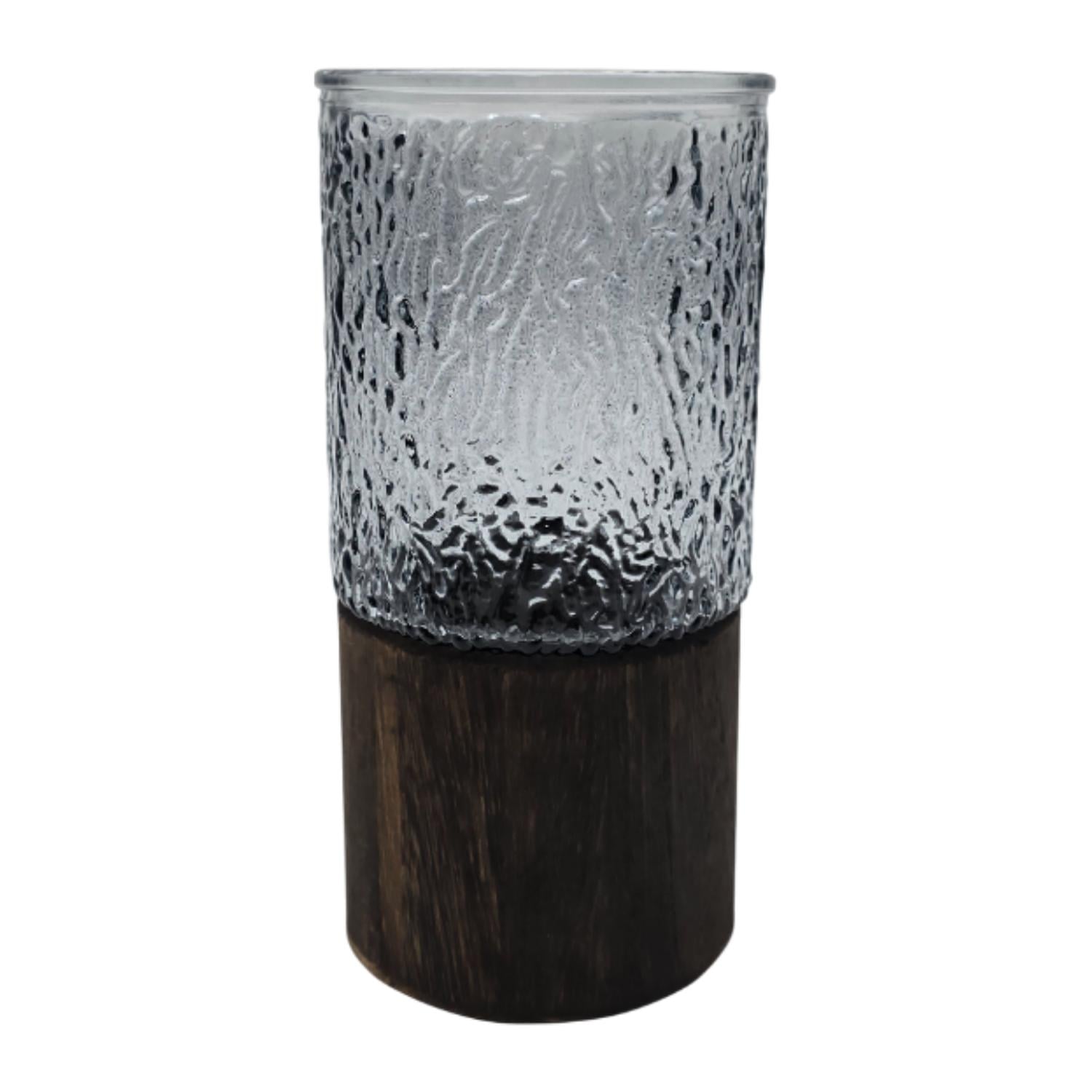 FLORERO DECORATIVO DE VIDRIO OSCURO DISEÑO BASE DE MADERA - 1