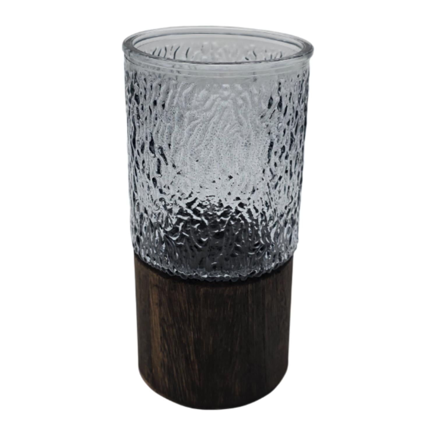 FLORERO DECORATIVO DE VIDRIO OSCURO DISEÑO BASE DE MADERA - 2
