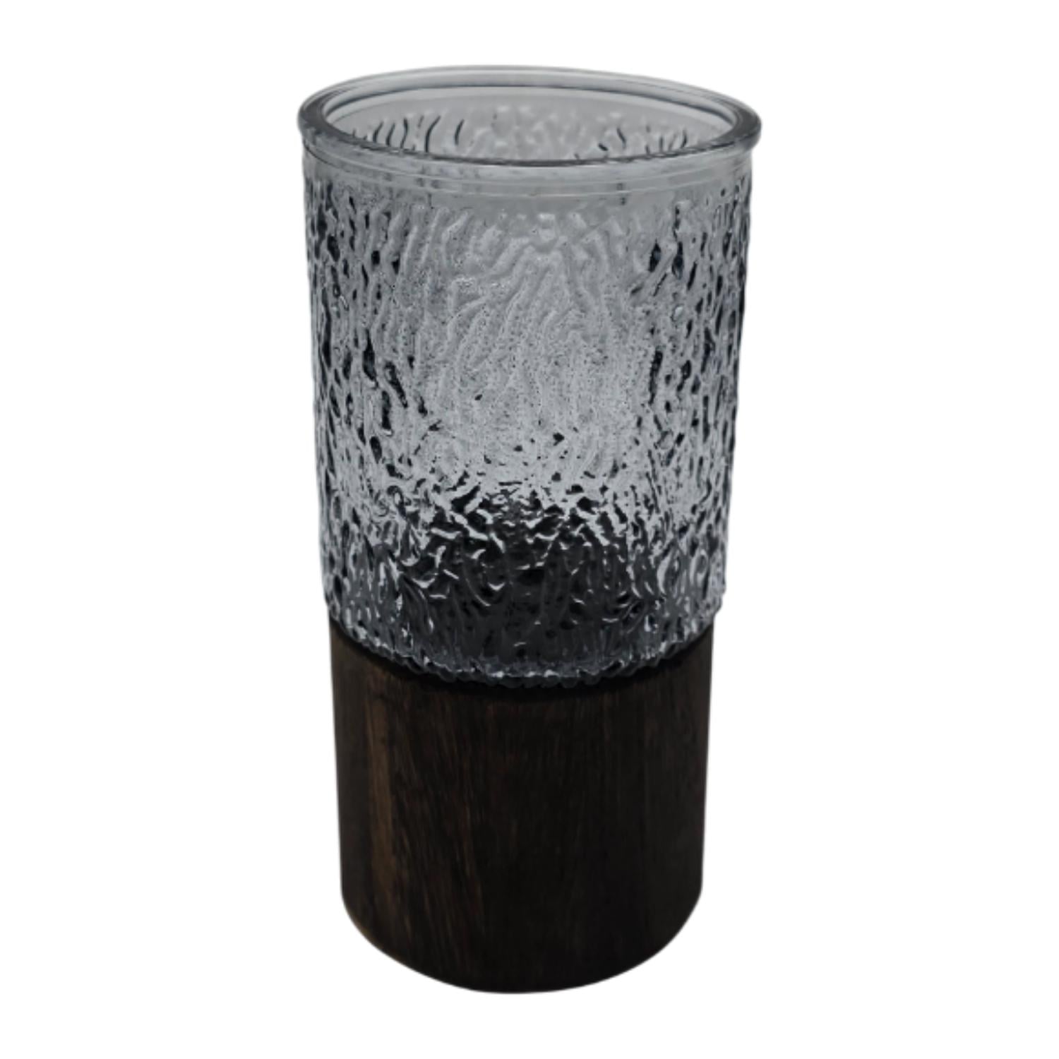 FLORERO DECORATIVO DE VIDRIO OSCURO DISEÑO BASE DE MADERA - 3