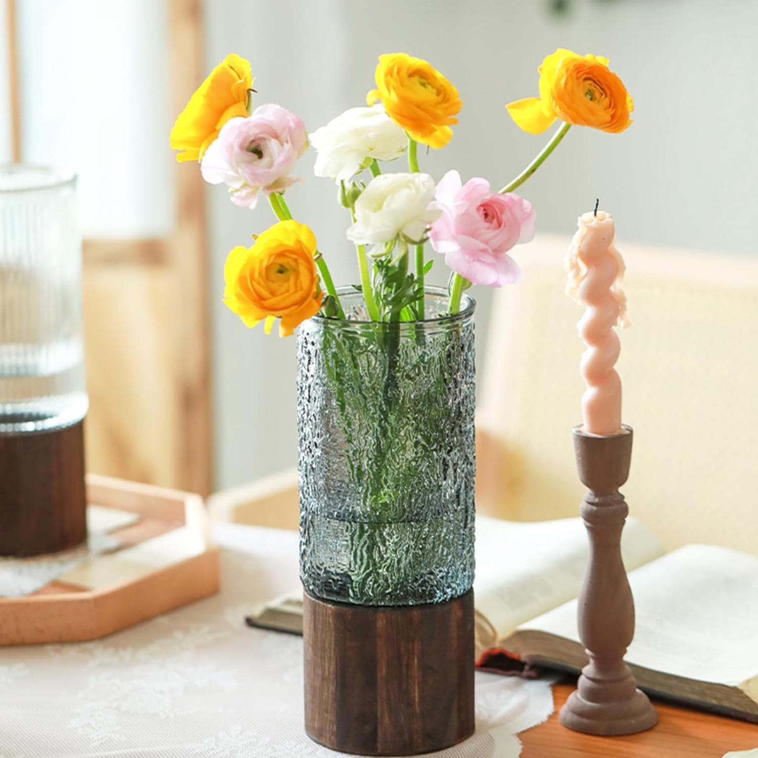 FLORERO DECORATIVO DE VIDRIO OSCURO DISEÑO BASE DE MADERA - 6