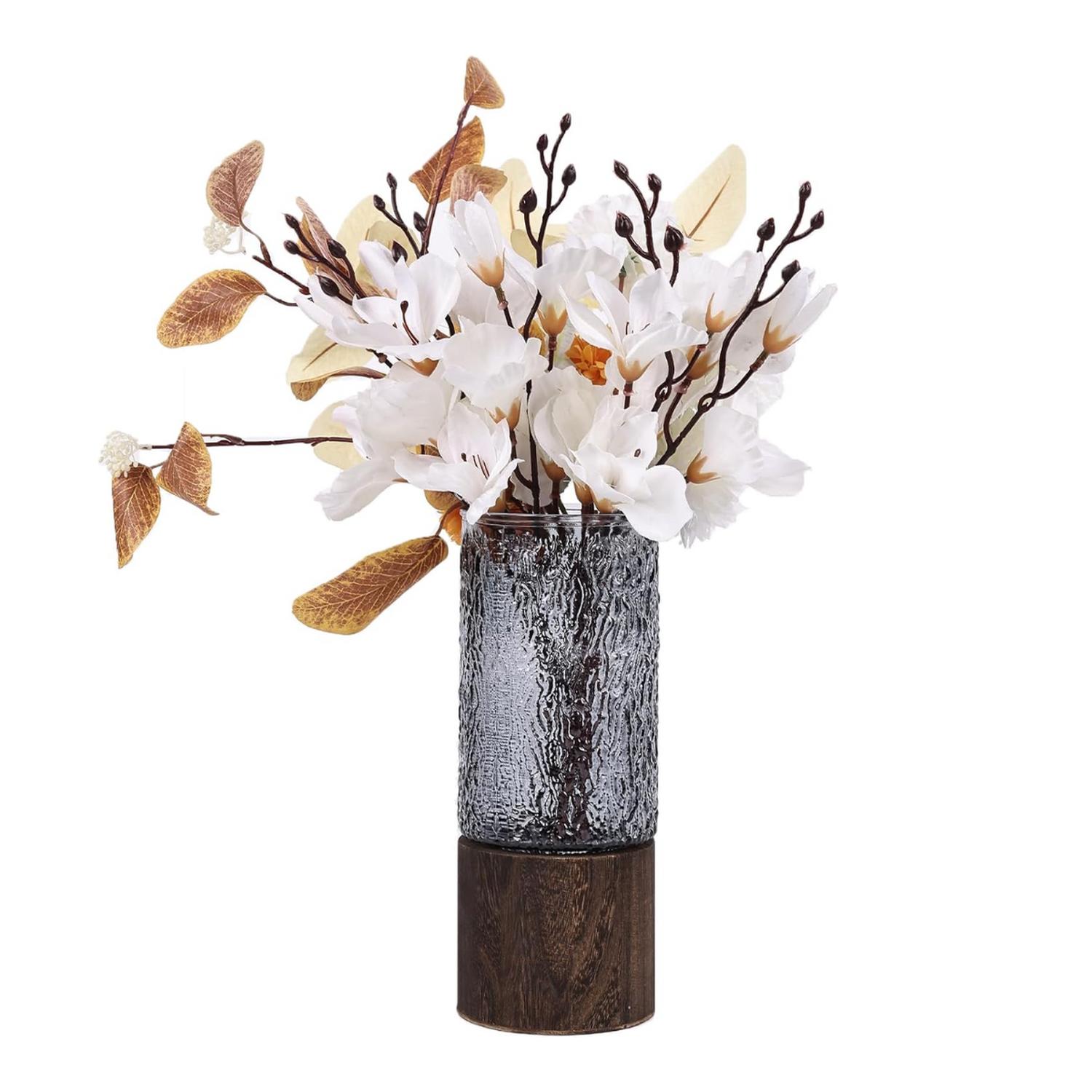 FLORERO DECORATIVO DE VIDRIO OSCURO DISEÑO BASE DE MADERA - 7