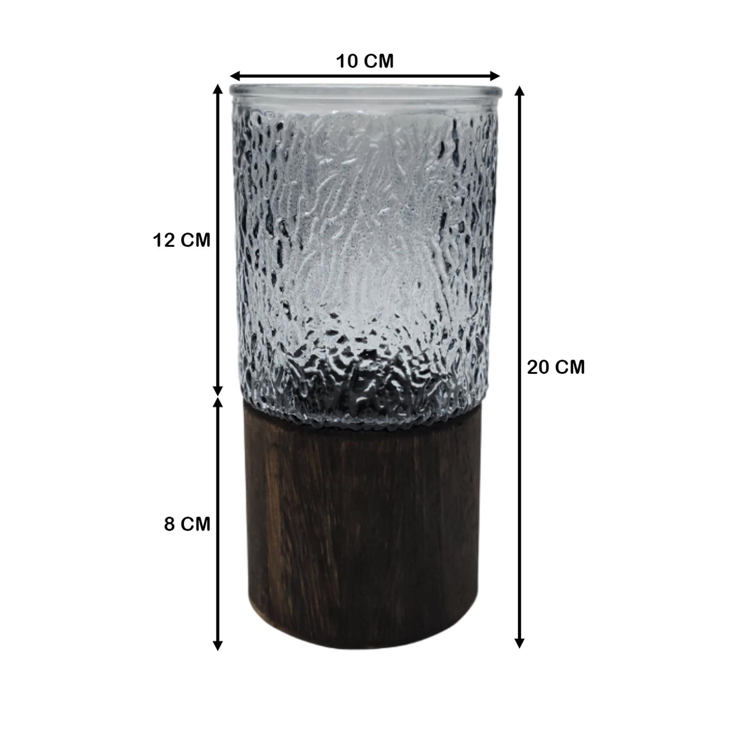 FLORERO DECORATIVO DE VIDRIO OSCURO DISEÑO BASE DE MADERA - 8