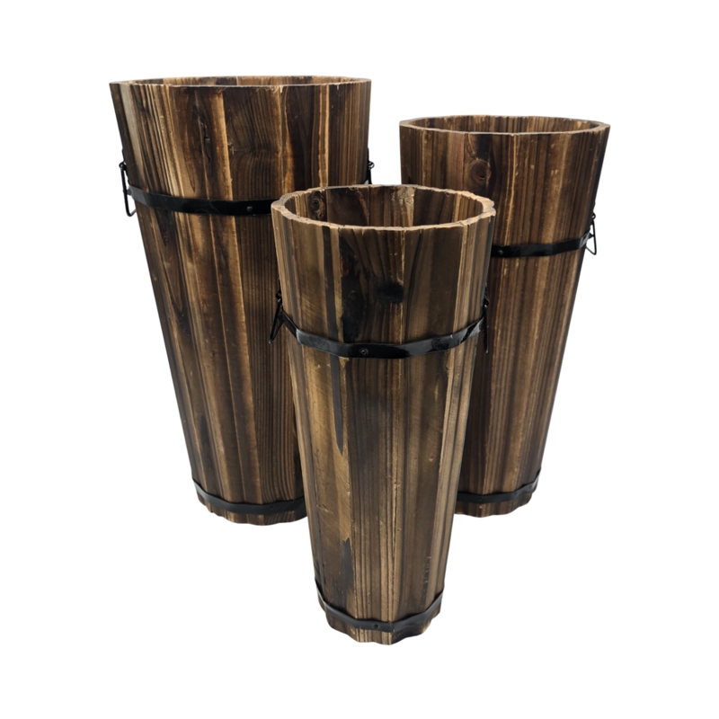 MACETERO DE MADERA TIPO BARRIL ALARGADO JARDIN TERRAZA S - 6