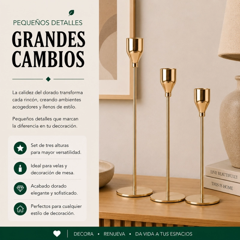 SET 3 CANDELABROS PORTA VELAS DORADO DECORA CENTRO DE MESA - 4