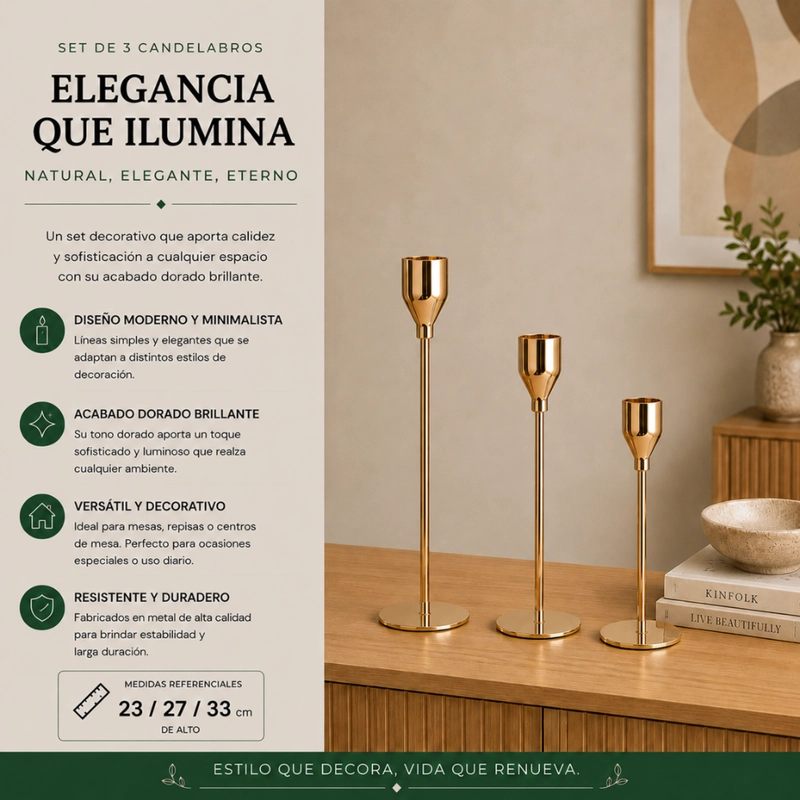 SET 3 CANDELABROS PORTA VELAS DORADO DECORA CENTRO DE MESA - 5