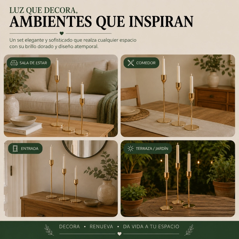 SET 3 CANDELABROS PORTA VELAS DORADO DECORA CENTRO DE MESA - 6