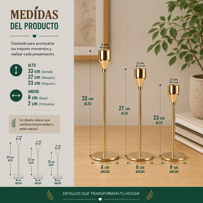 SET 3 CANDELABROS PORTA VELAS DORADO DECORA CENTRO DE MESA - 7