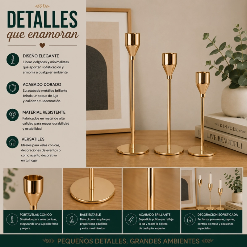 SET 3 CANDELABROS PORTA VELAS DORADO DECORA CENTRO DE MESA - 8
