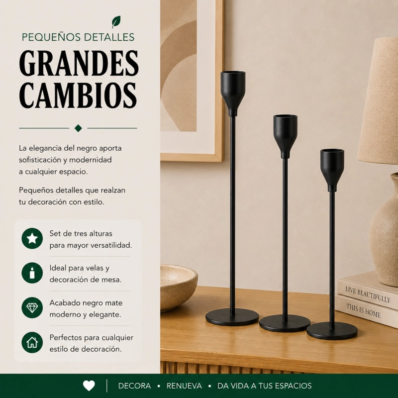SET 3 CANDELABROS PORTA VELAS NEGRO DECORA CENTRO DE MESA - 4