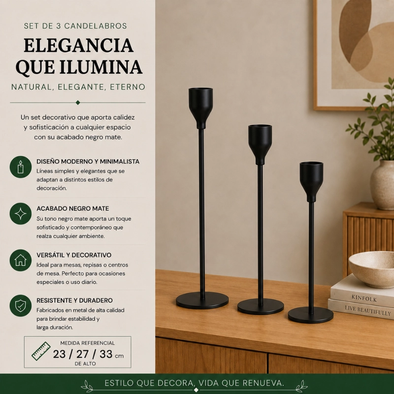 SET 3 CANDELABROS PORTA VELAS NEGRO DECORA CENTRO DE MESA - 5
