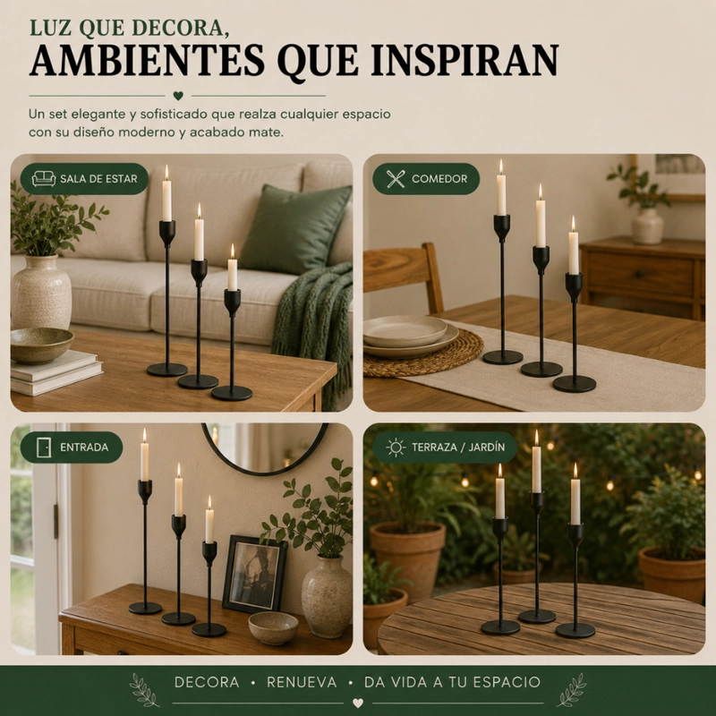 SET 3 CANDELABROS PORTA VELAS NEGRO DECORA CENTRO DE MESA - 6