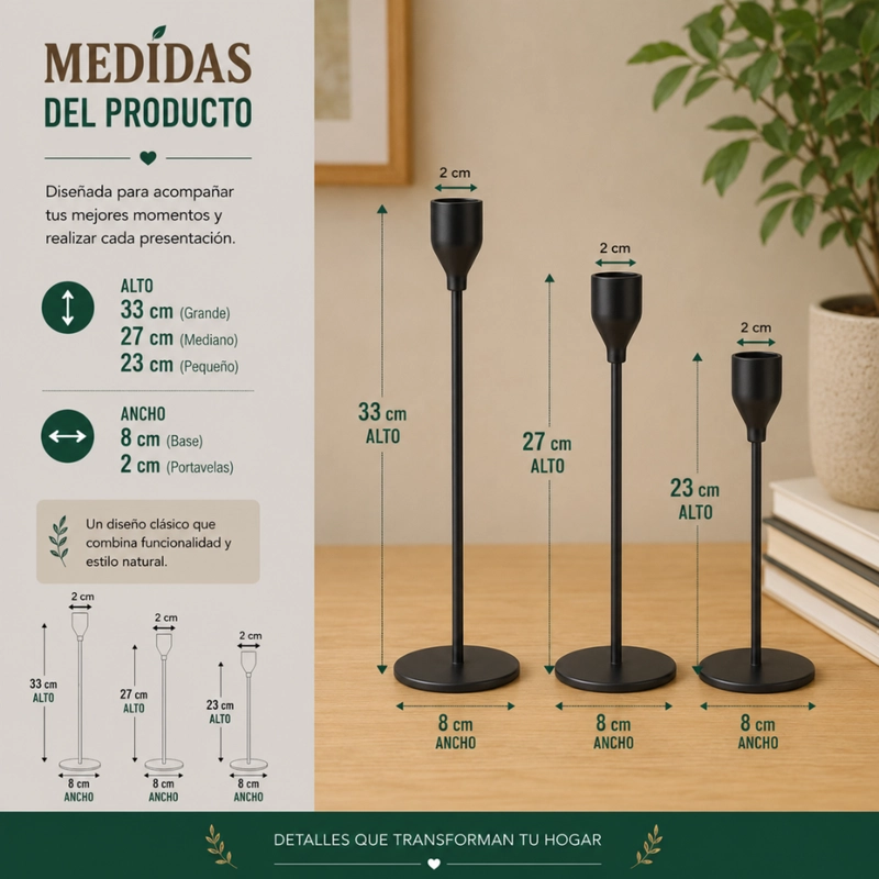 SET 3 CANDELABROS PORTA VELAS NEGRO DECORA CENTRO DE MESA - 7
