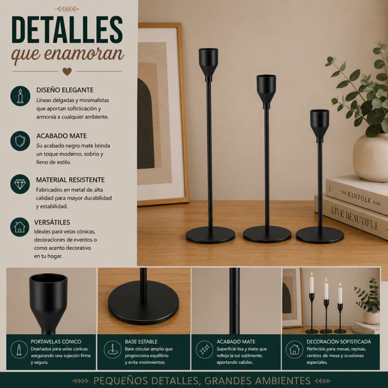 SET 3 CANDELABROS PORTA VELAS NEGRO DECORA CENTRO DE MESA - 8