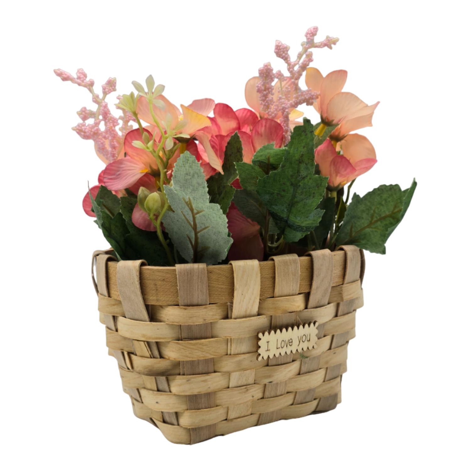 PLANTA ARTIFICIAL MACETERO ESTILO MIMBRE FLORES ROSADOS - 1