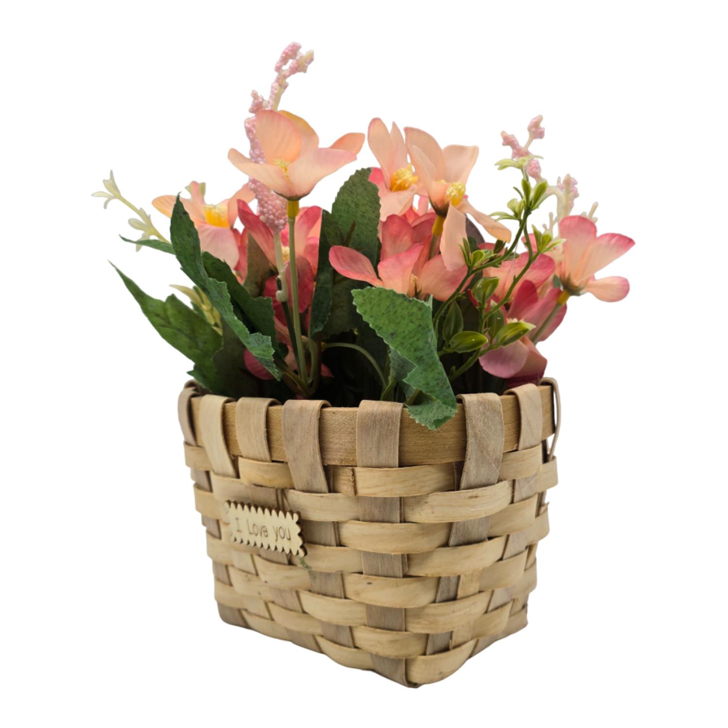 PLANTA ARTIFICIAL MACETERO ESTILO MIMBRE FLORES ROSADOS - 4