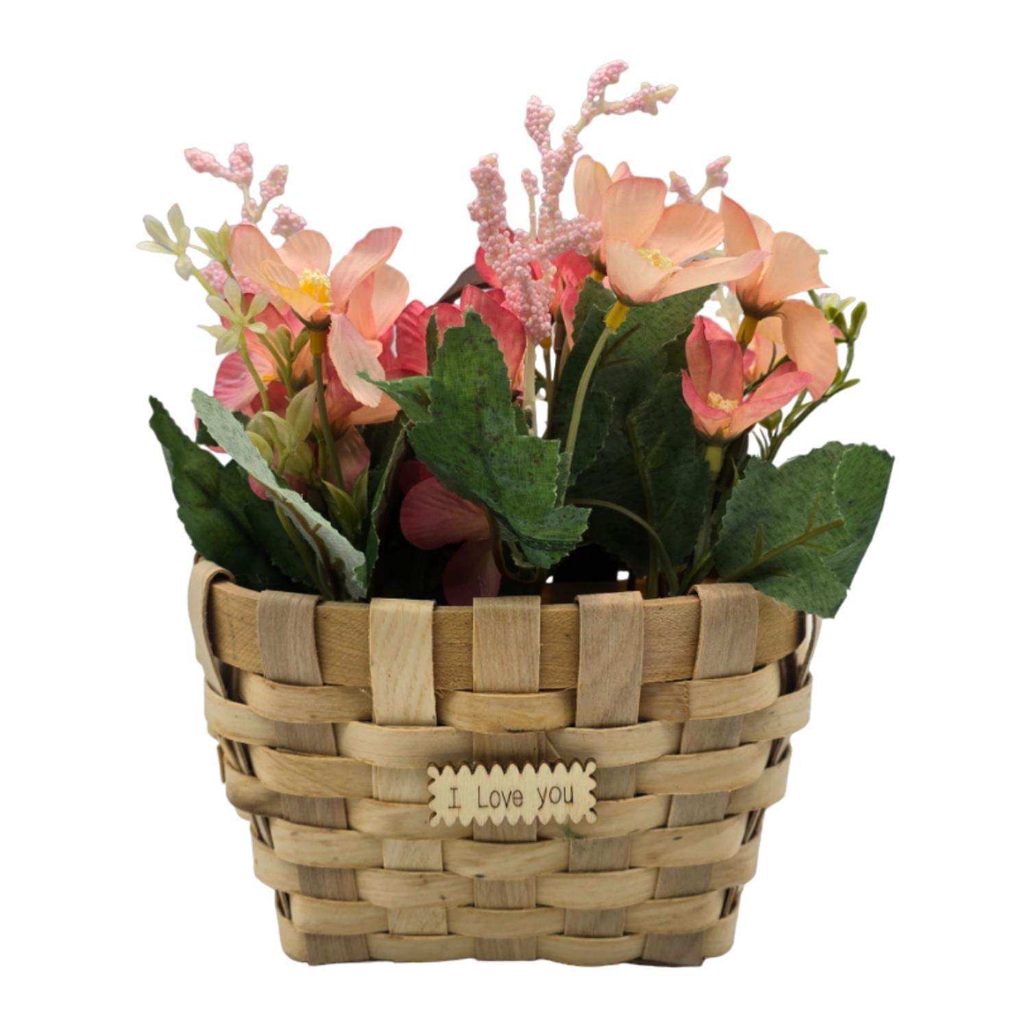PLANTA ARTIFICIAL MACETERO ESTILO MIMBRE FLORES ROSADOS - 5