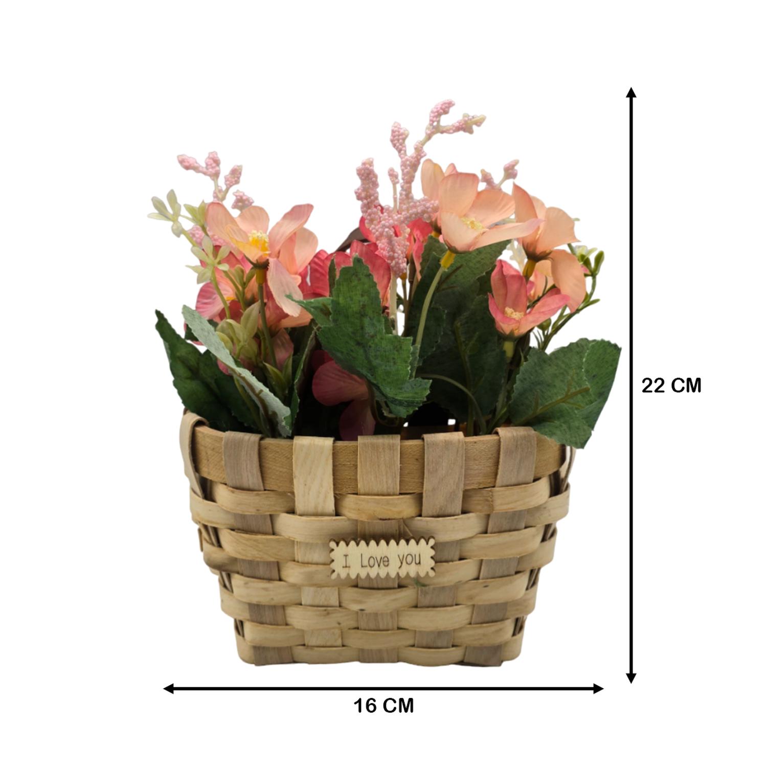 PLANTA ARTIFICIAL MACETERO ESTILO MIMBRE FLORES ROSADOS - 7