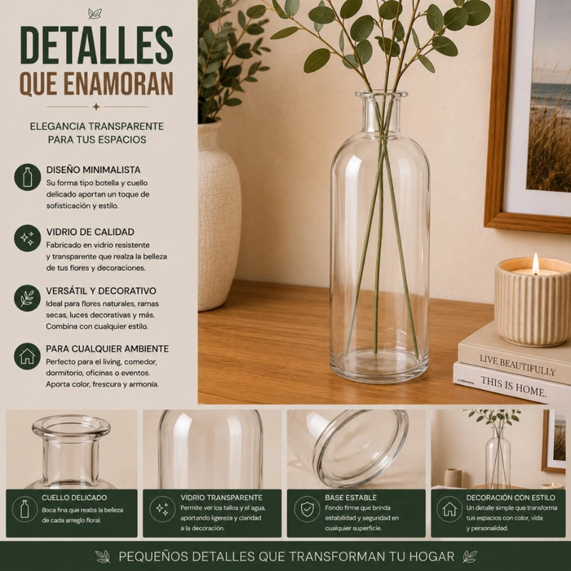 FLORERO BOTELLA DE VIDRIO DECORATIVO TRANSPARENTE L - 8