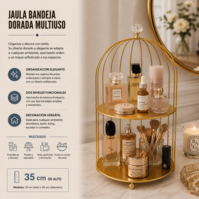 JAULA BANDEJA DORADA DECORACION METALICA CENTRO DE MESA - 6