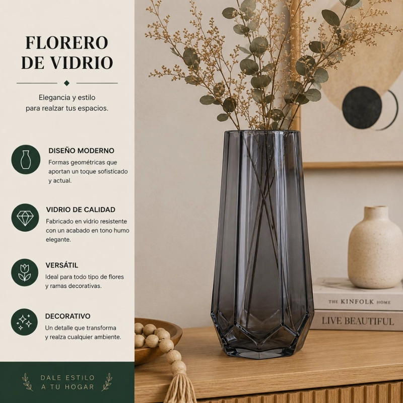 FLORERO DECORATIVO GEOMETRICO HEXAGONAL DE VIDRIO OSCURO L - 4