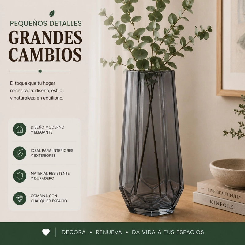 FLORERO DECORATIVO GEOMETRICO HEXAGONAL DE VIDRIO OSCURO L - 5