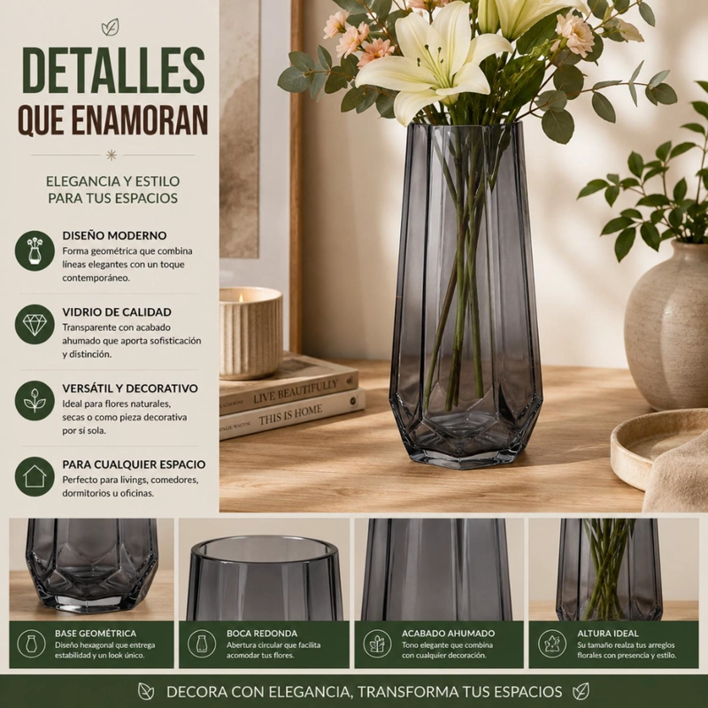 FLORERO DECORATIVO GEOMETRICO HEXAGONAL DE VIDRIO OSCURO L - 8