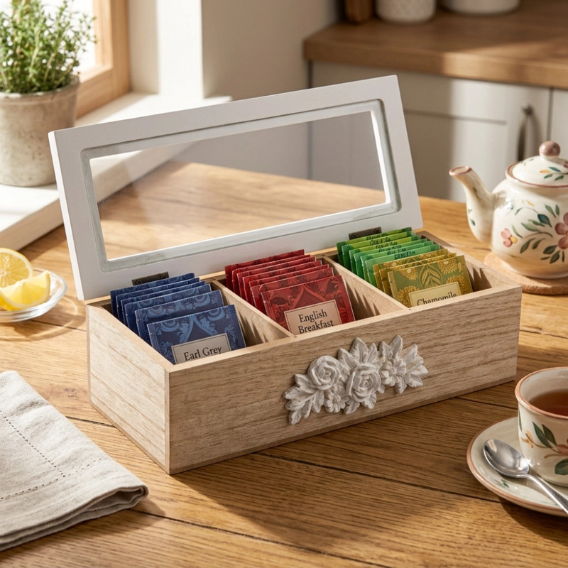CAJA DE TE PORTA TE CAJA DE MADERA PARA TE GRIS 3 DIVISIONES - 4