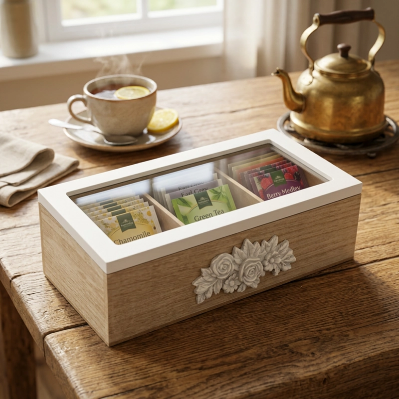 CAJA DE TE PORTA TE CAJA DE MADERA PARA TE GRIS 3 DIVISIONES - 5