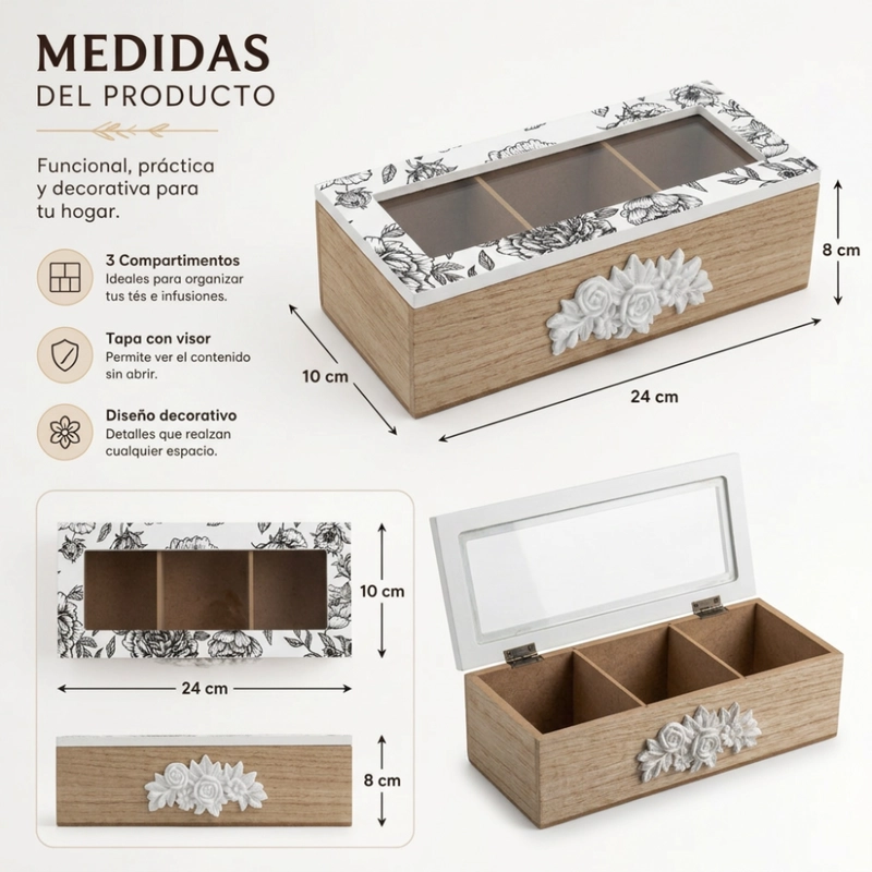 CAJA DE TE PORTA TE CAJA DE MADERA PARA TE GRIS 3 DIVISIONES - 6