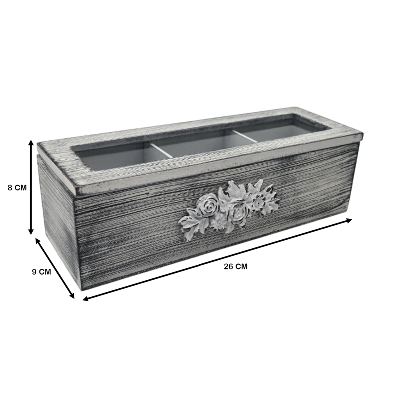 CAJA DE TE PORTA TE CAJA DE MADERA PARA TE GRIS 3 DIVISIONES - 7