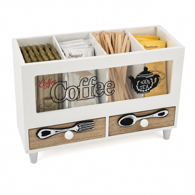 CAJA DE TE 4 DIVISIONES CON CAJONES ESTACION DE CAFE  OFICINA - 1