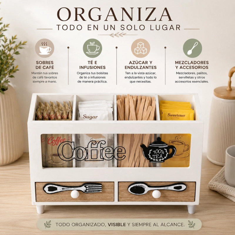 CAJA DE TE 4 DIVISIONES CON CAJONES ESTACION DE CAFE  OFICINA - 3